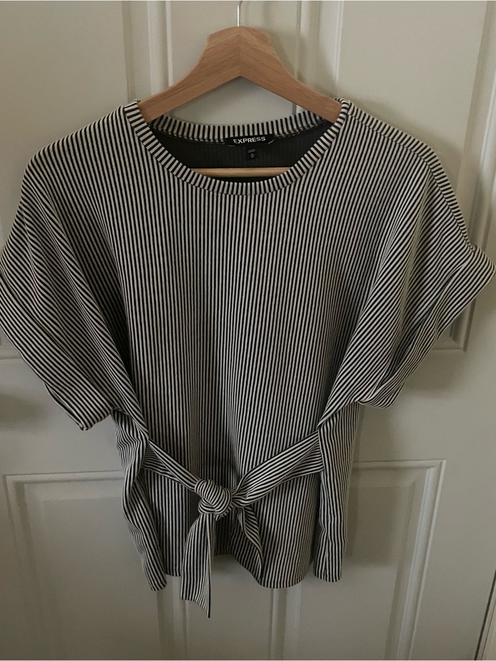 Express Black and White Vertical Stripe Tie-Front Blouse